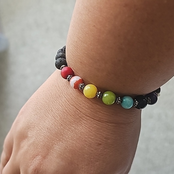 Black lava stones with colorful beads stretch bracelet - Picture 3 of 3